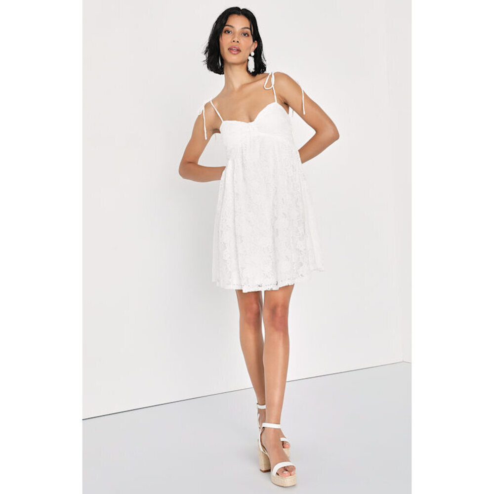 Lulus Angelic Admiration White Lace Tie-shoulder Babydoll Mini Dress - Size XS